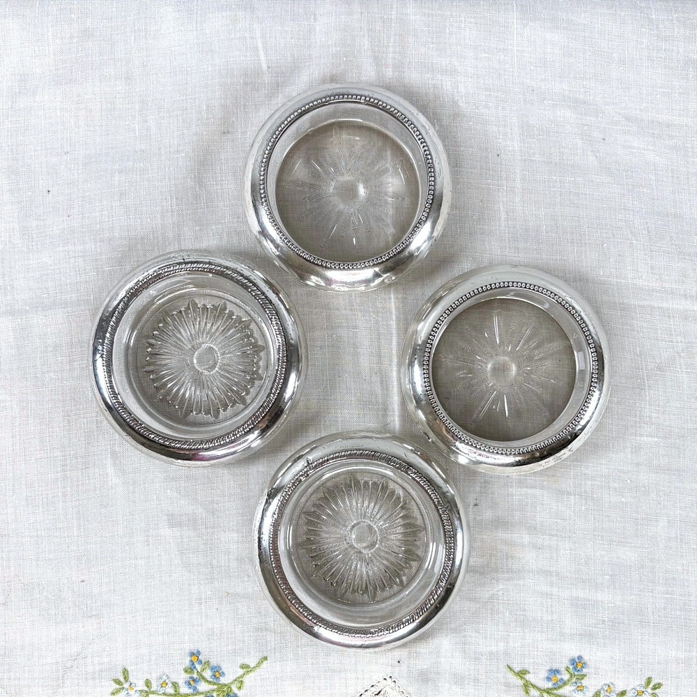 Vintage Sterling Silver Rim Glass Coasters Set of 4 Frank M Whiting Laben